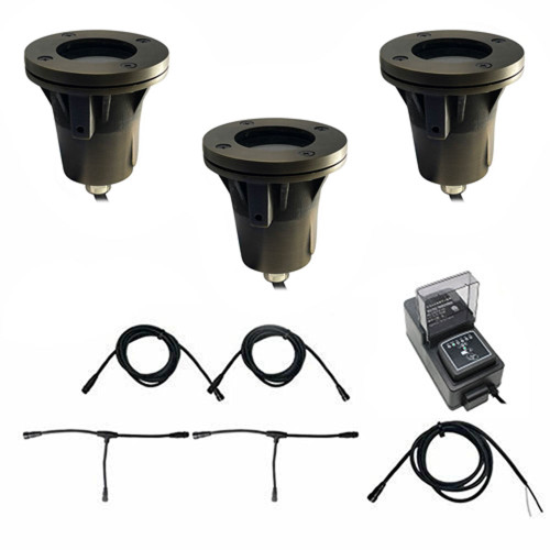 LED Brass In Ground N.S.C. Well Light 3 Kit w/ Open Face Brass Cover System, LED Bulbs Included - OIGLK-0001-3