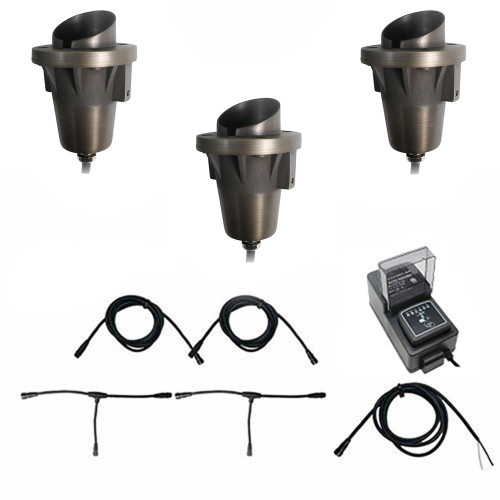LED Brass In Ground N.S.C. Well Light 3 Kit w/ Glare Shield Brass Cover System, LED Bulbs Included - OIGLK-0002-3
