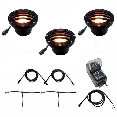 Cast In Ground N.S.C. Well Light 3 Kit w/ Curved Grill Cover System, Bulbs Included - OIGLK-4B-GRL-3