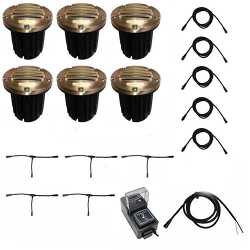 LED ABS Composite In Ground N.S.C. Well Light 6 Kit w/ Curved Grill Brass Cover System, LED Bulbs Included - OIGLK-5B-GRL-6