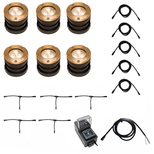 LED Brass In Ground N.S.C. Well Light 6 Kit w/ Open Face Brass Cover System, LED Bulbs Included - OIGLK-5I-OPN-6