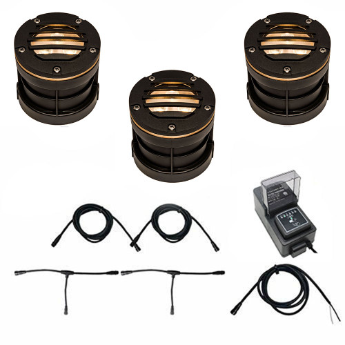 LED Brass In Ground N.S.C. Well Light 3 Kit w/ Curved Grill Brass Cover System, LED Bulbs Included - OIGLK-5I-GRL-3