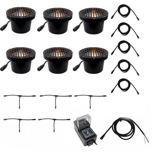 Cast In Ground N.S.C. Well Light 6 Kit w/ Flat Grill Cover System, Bulbs Included - OIGLK-4B-FGR-6