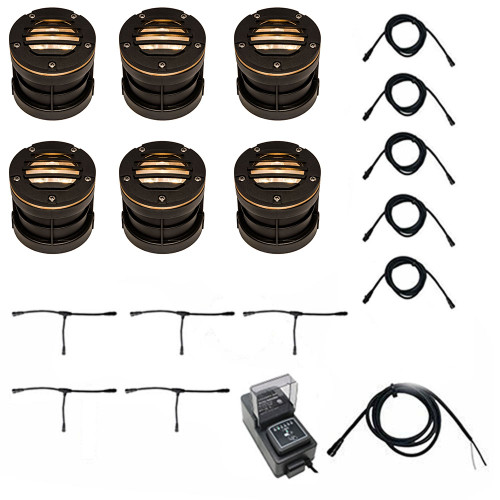 LED Brass In Ground N.S.C. Well Light 6 Kit w/ Curved Grill Brass Cover System, LED Bulbs Included - OIGLK-5I-GRL-6