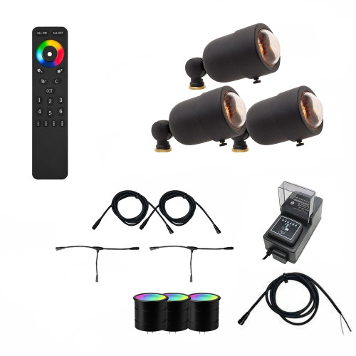 12V RGBCW LED Mini Brass Spotlight NSC Kit, Landscape Lighting w/ NSC, Easy DIY Installation, LED Bulbs Included - OSF-KIT-108-RGBCW